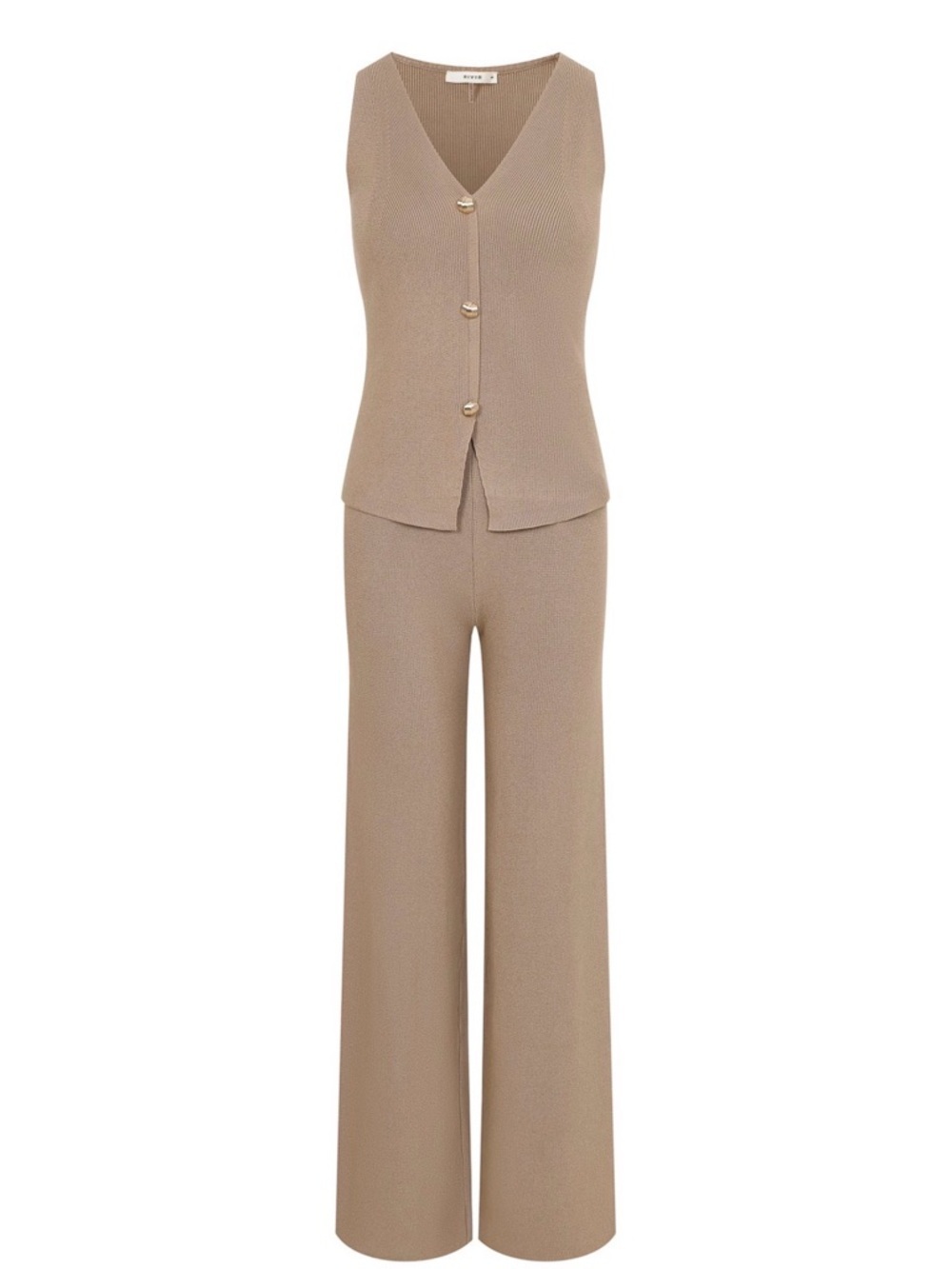 Knit 2 Piece Set Gold Button Vest Top Wide Leg Pants Chic Lounge Outfit L